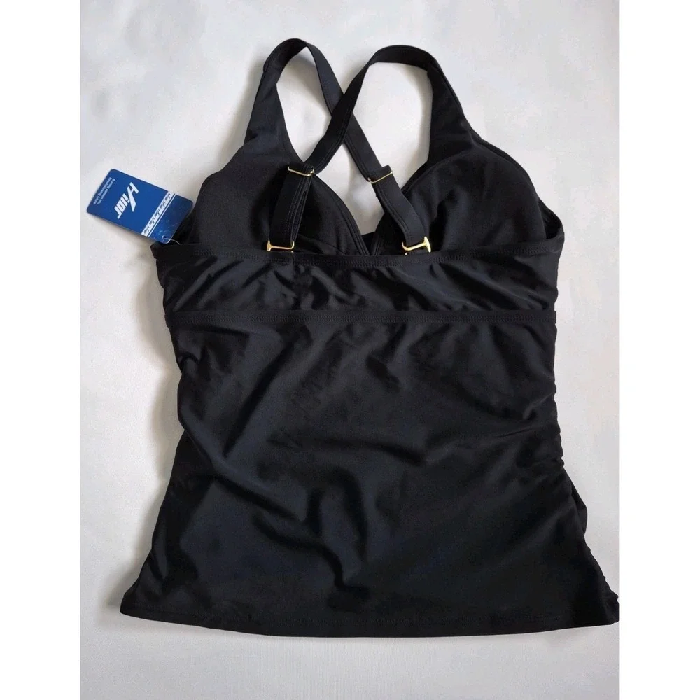 HlLOR Swim Top Tankini Ruched Shelf Bra Adjustable Straps  Size 10 Black